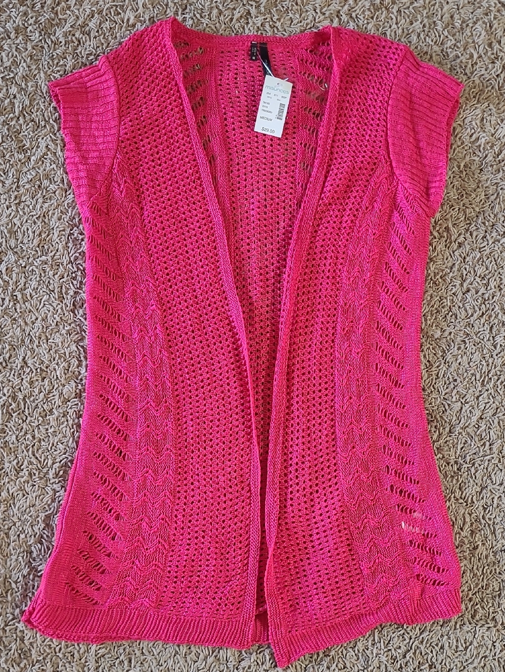 Maurices Bright Pink Open-Knit Short-Sleeve Sweater Cardigan Size Medium